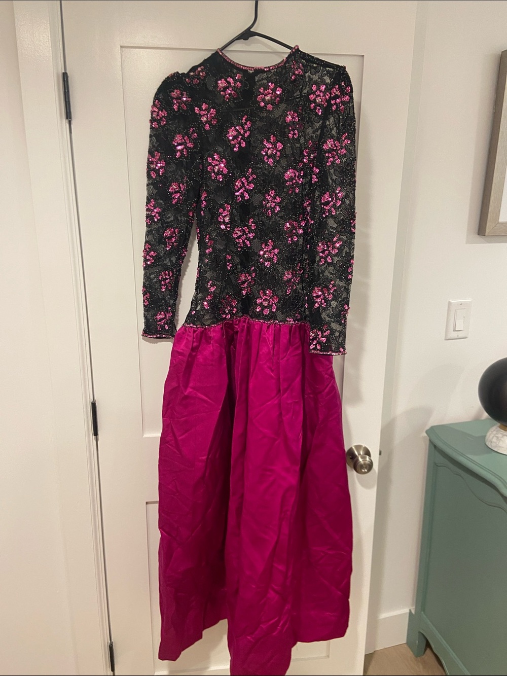 Black Sequin Floral Top with Fuchsia Satin Skirt Evening Dress